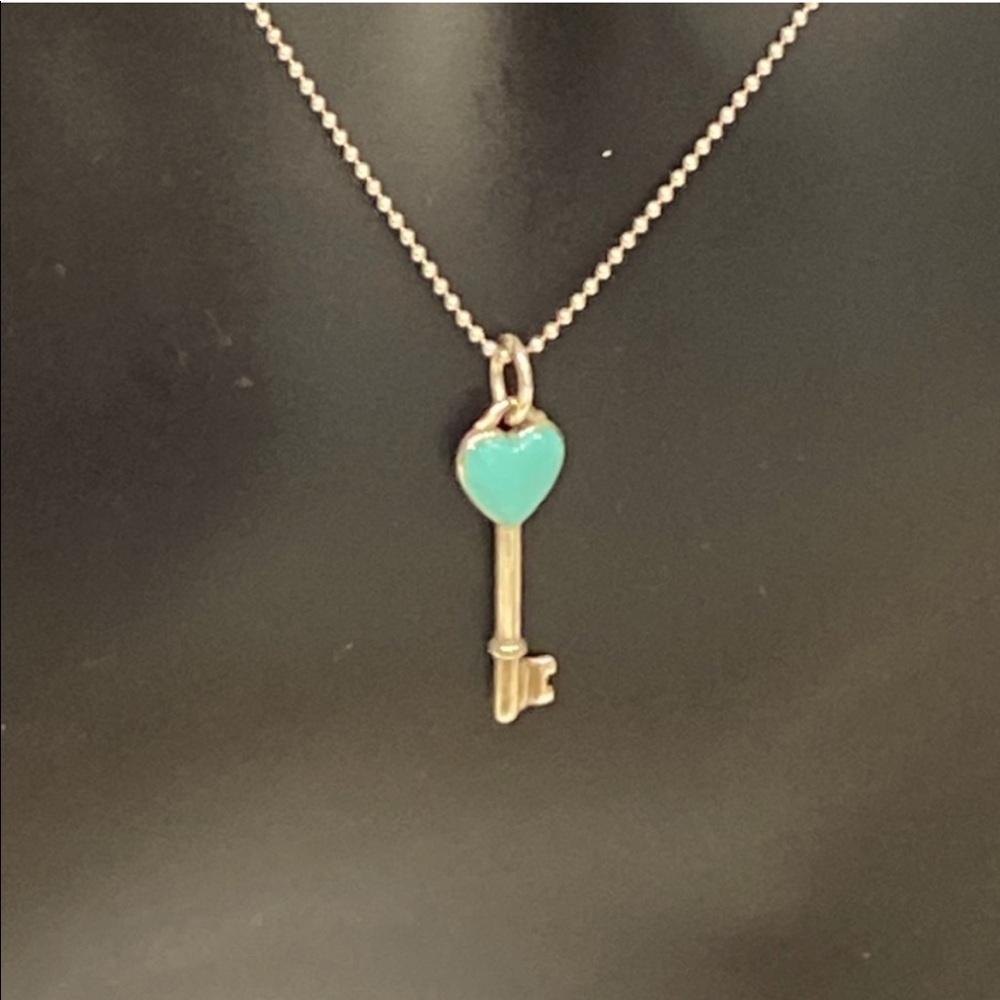 Tiffany & Co. Sterling Silver Enamel Heart Key Pendant Necklace Blue Enamel